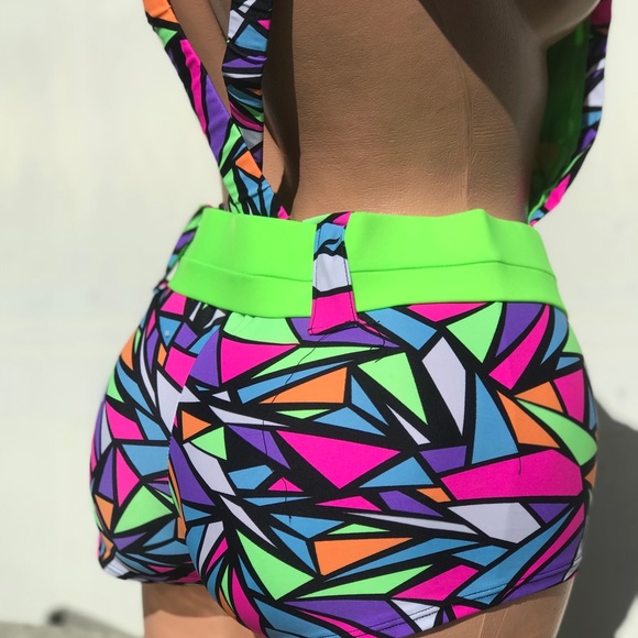 Neon prism overalls rave outfit booty swimsuit shorts jumpsuit romper festival - Picture 7 of 10